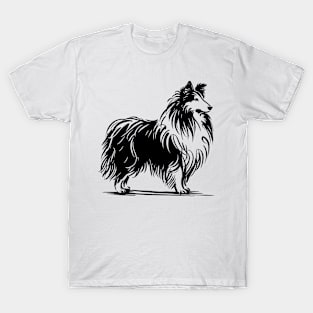 Stick figure sheltie dog in black ink T-Shirt